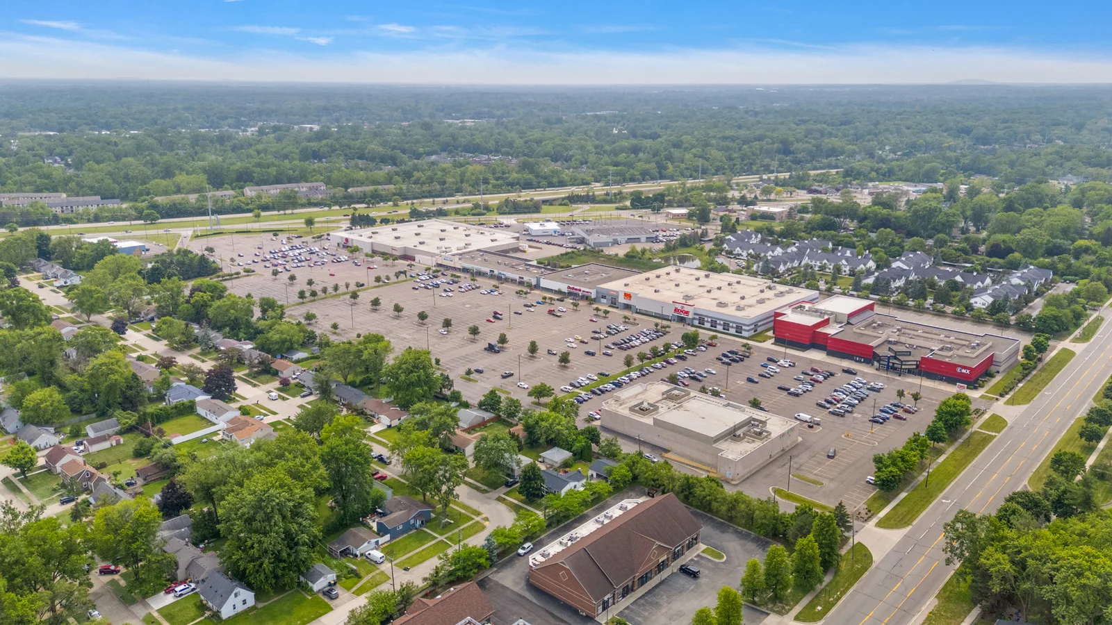 Aerial view of West River Shopping Center in Farmington Hills, Michigan